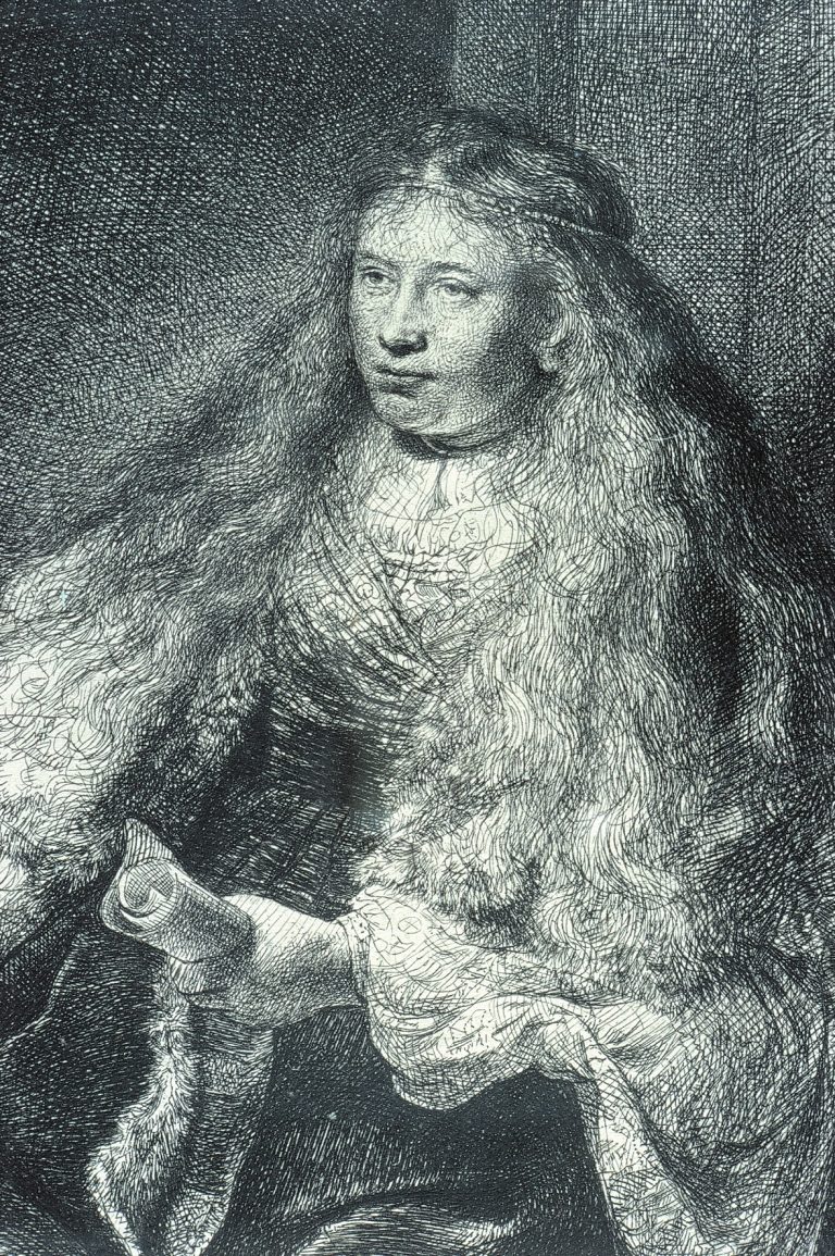 Gallery thumbnail. Rembrandt van Rijn. The Great Jewish Bride, 1635. Etching. 21.3 x 6.2 cm. Collection Irish Museum of Modern Art. Donation, Madden Arnholz Collection, 1989.